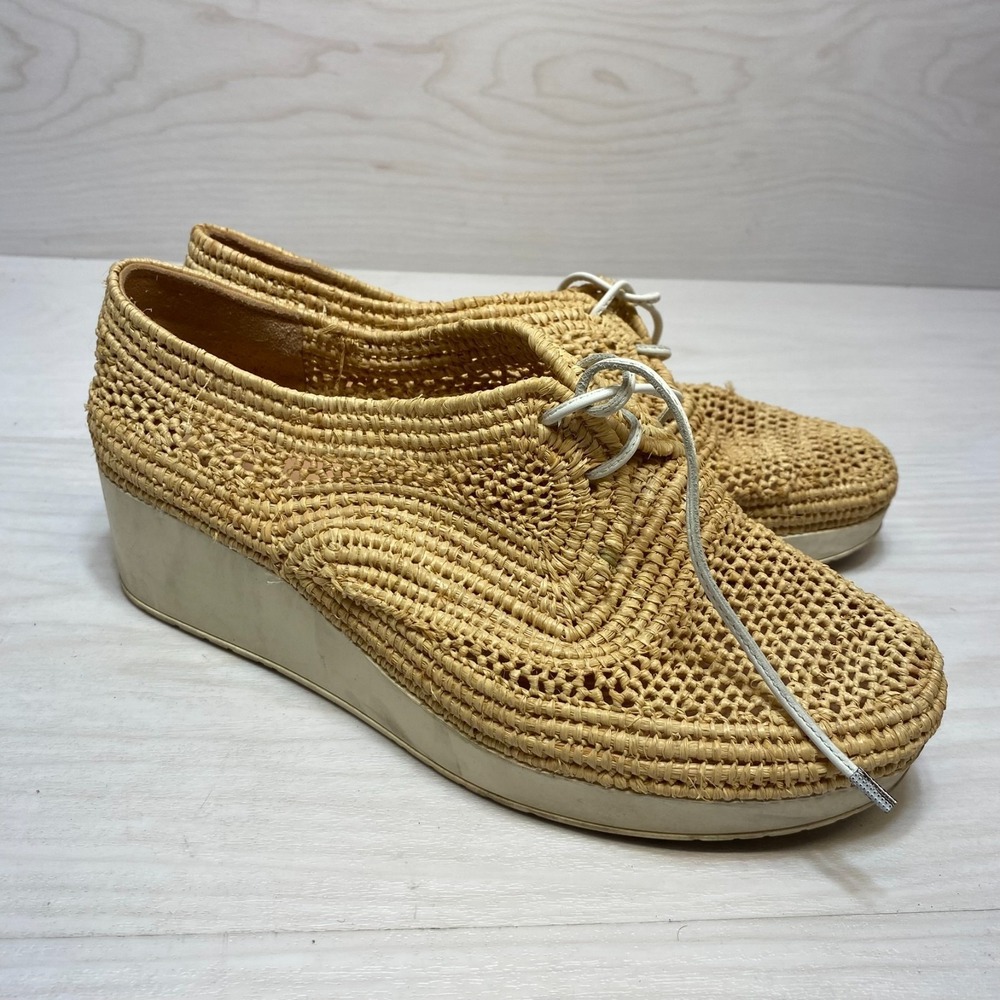 Robert Clergerie Wedge‎ Platform Shoes Womens 6 Beige Lisa Woven Natural Raffia